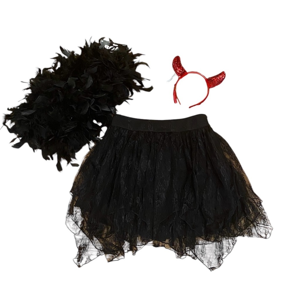Devil Halloween Costume Black Tulle Skirt Boa Red Horn Headband Sexy S